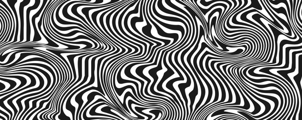 Black and white abstract background. Waves shape decoration. Optical illusion stripes style. Modern graphic design element with distorted lines concept for web, poster, flyer, card cover, or brochure
