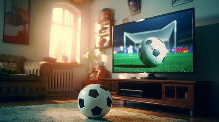Football ball on table with defocused TV showing soccer match. Soocer ball.