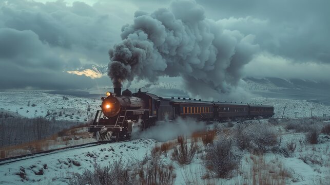 Historic steam train chugging through a snowy landscape, nostalgia and adventure