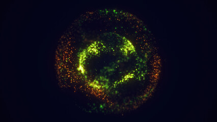 Green energy magic circle, sphere, ball made of futuristic energy particles, force field made of dots. Abstract background