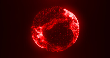 Abstract red glowing digital high-tech liquid futuristic energy blood plasma sphere with lines and particles on dark black background