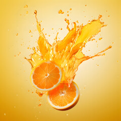 Creative layout made of fresh orange fruit and juice splash. Vitamins, healthy diet food idea. Minimal flying summer concept on yellow background.
