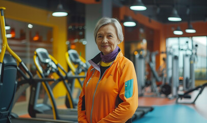 Naklejka premium starsza kobieta w stroju sportowym na siłowni