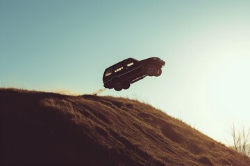 fast SUV jumps up a hill and flies, photographic quality --ar 3:2 --v 6 Job ID: 0227601b-8454-4228-8332-ab2615ec27d8