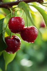 Obraz premium Fresh plantations cherry growing, photographic real quality --ar 2:3 --v 6 Job ID: ba5feced-2abf-4463-ac19-30962c193c56