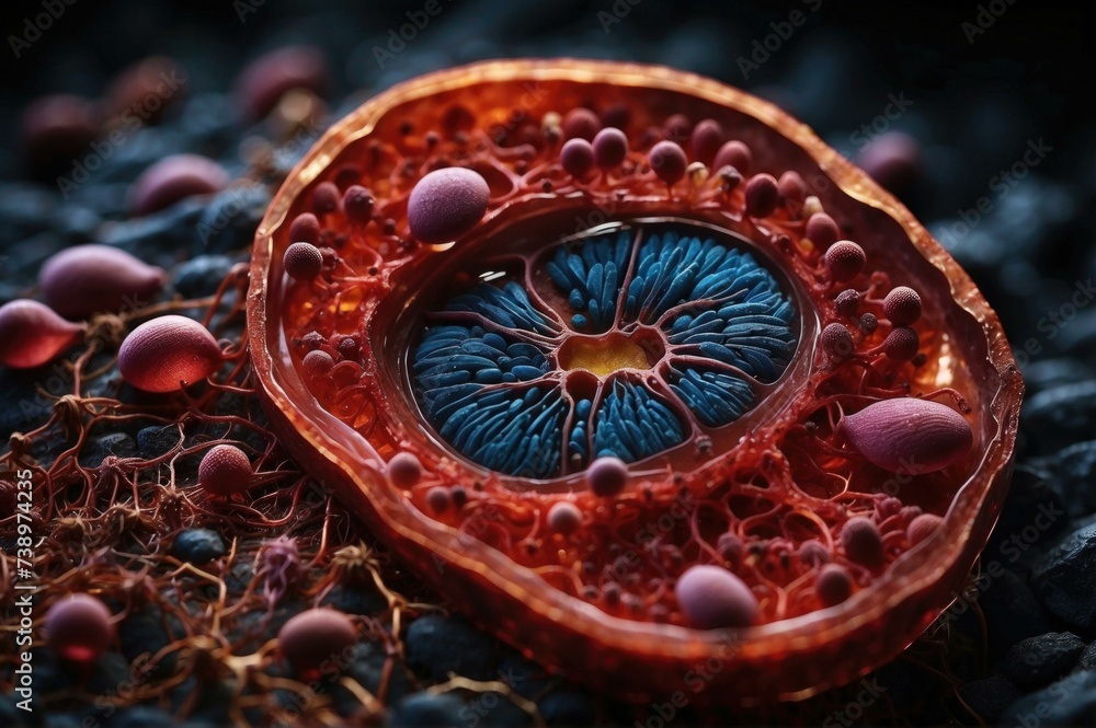 Poster a close up of a cell with red and blue colors. generative ai.