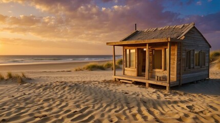 A small wooden hut sits on the sand at sunset. Generative AI. - Powered by Adobe
