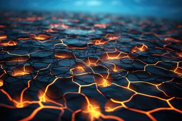 Fototapeta premium A close up of a lava field with glowing orange flames. Generative AI.