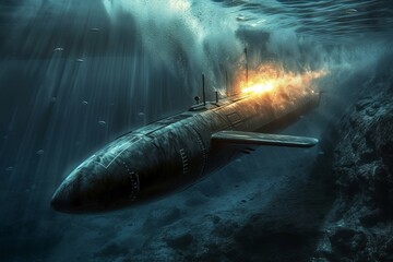 submarine military boat launches torpedoes underwater, photographic real quality --ar 3:2 --v 6 Job ID: 2053e597-03d3-432b-a427-c8c490f86f77 - obrazy, fototapety, plakaty