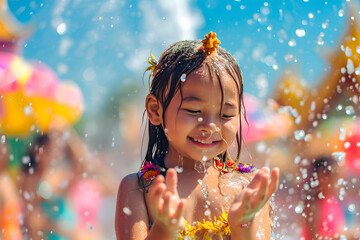 Naklejka premium Child in Songkran festival joy, with water play and festive vibes