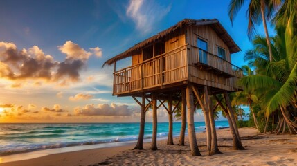A wooden house on the beach at sunset. Generative AI.