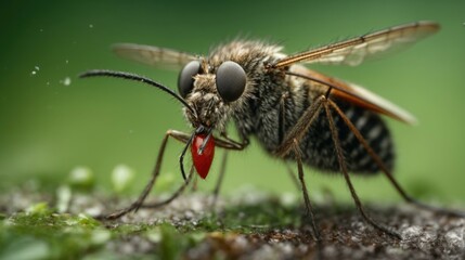 A close up of a mosquito with red blood. Generative AI.