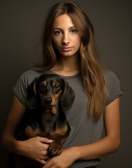 A young woman wearing a gray t-shirt happily holds her adorable  puppy. Generative AI.