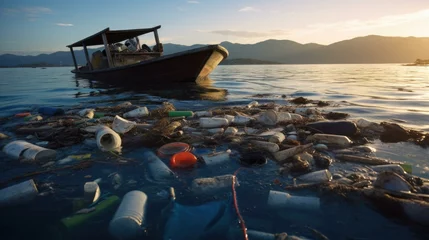 Gordijnen A powerful photograph capturing the devastating impact of plastic pollution in the ocean, raising awareness for ocean conservation. Generative AI. © serg3d