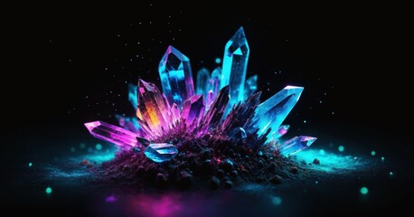 Multicolored crystals with glowing particles inside, close-up, selective focus. Growing from dark background. Magic mood. Treasure and natural beauty concept. Cinematic still photo illustration.