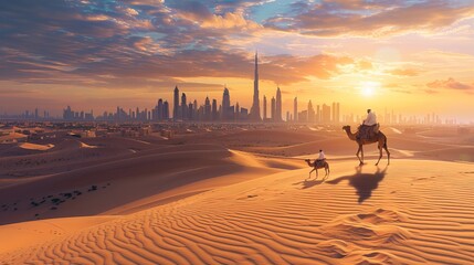 The Dubai travel concept captures the essence of bridging modernity and tradition in the UAE. In this scene, a camel crosses the desert against the backdrop of Dubai's skyline during sunset - obrazy, fototapety, plakaty