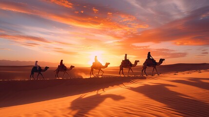 An exotic adventure unfolds as tourists ride camels across the sand dunes of the desert at sunrise, creating a mesmerizing scene in Erg Chebbi, Morocco, Africa