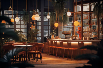 Fototapeta na wymiar Elegant Modern Cafe Interior with Warm Lighting