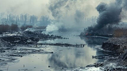 Toxic Grey Smoke Swirling Around Polluted River: Industrial Pollution and Environmental Damage in Urban City