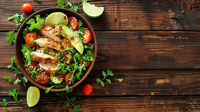 A top-view image depicts a nutritious salad bowl featuring quinoa, tomatoes, chicken, avocado, lime, mixed greens, lettuce, and parsley on a wooden background.