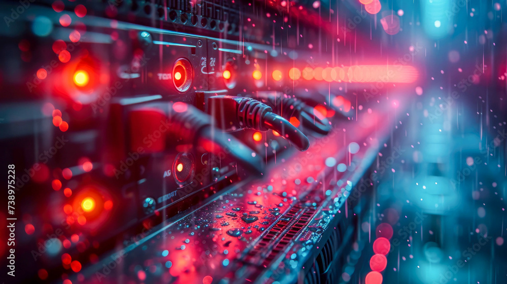 Poster network switch and ethernet cables in data center. internet and technology concept