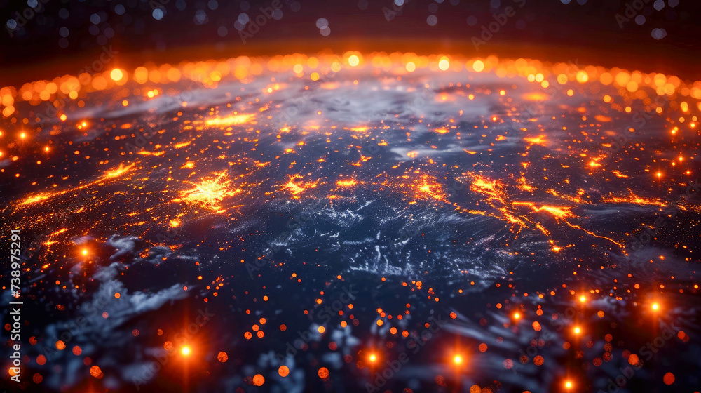 Poster planet earth from space with visible city lights with glowing particles and bokeh