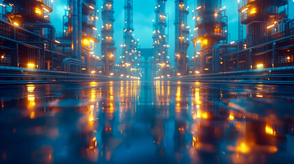 Fototapeta premium Industrial pipelines and valves in blue light of a petrochemical plant.. Industrial background