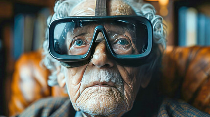 Old man with glasses of virtual reality. Close-up portrait