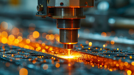 The CNC milling machine cutting the metal with sparks. The sheet metal manufacturing process - obrazy, fototapety, plakaty