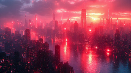 Fototapeta premium Multicolored big city abstract digital with glowing bright high buildings skyscrapers and streets futuristic energy metropolis