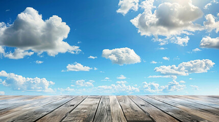Wooden floor against blue sky with white clouds, 3d render