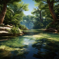 The Shimmering River Bends Through a Vibrant Green Forest. Generative AI.
