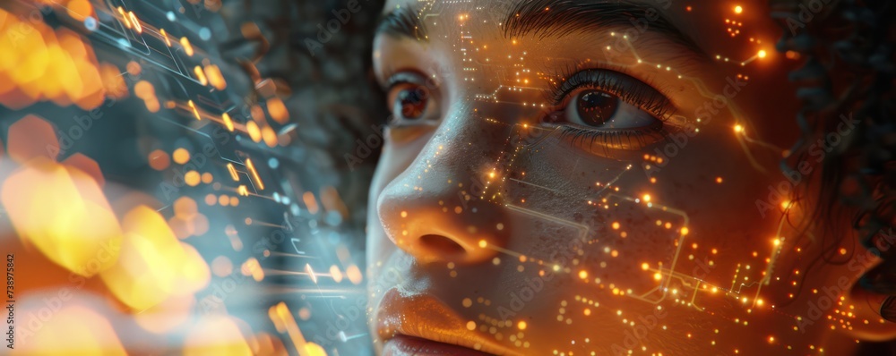 Poster quantum computing researcher examining qubit data, close-up on futuristic interface