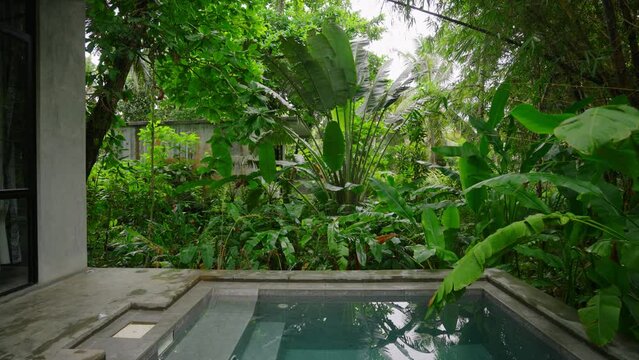 Luxury villa tropical pool surrounded by lush greenery. Modern home integrates with nature, private swimming area. Relax, unwind in tranquil garden setting. Outdoor living, contemporary design blend.