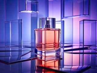 Bottles of perfume on colored background