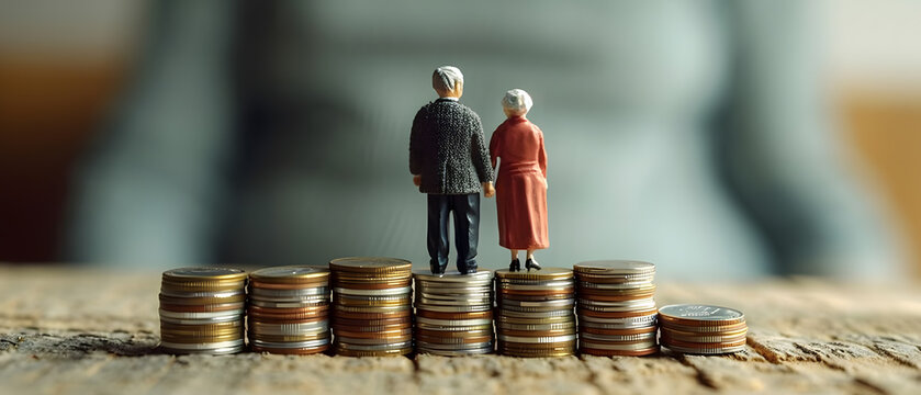 Concept of retirement planning. Miniature people: Old couple figure standing on top of coin stack.
