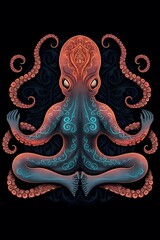 yoga octopus , 1950 illustration, vector art , black background