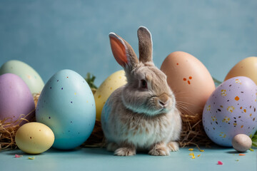 Multicolored easter eggs and Easter cute bunnies on pastel blue background.