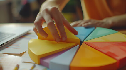 hand dividing equally colorful pie chart