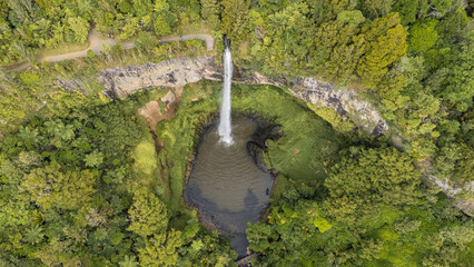 Aerial view of a waterfall surrounded by trees and green nature in New Zealand