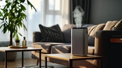 Air purifier in modern living room, air cleaner removing fine dust in the house