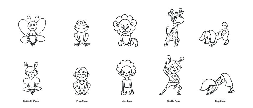 Set of kids yoga animal poses. Butterfly, frog, lion, giraffe, dog asanas. Vector cartoon illustration in doodle style.