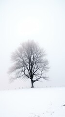 Solitary Tree in Winter Mist, Ethereal Landscape with Snow