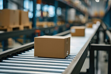 Cardboard Boxes on Conveyor Belt in Distribution Warehouse