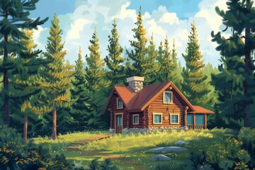 This photo showcases a realistic painting of a cabin nestled in a wooded area surrounded by tall pine trees.