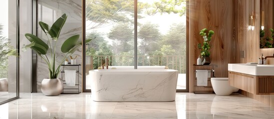 Luxury clean and bright interior marble bathroom with wooden elements. AI generated image