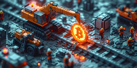miner is digging on golden bitcoin. Devices and technology for mining cryptocurrency. Machines for...