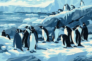 A group of penguins huddled together on top of a snow-covered ground.