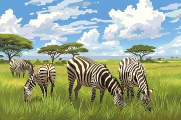 Fototapeta na wymiar A group of zebras peacefully grazing on the grassy field.