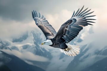 A bald eagle, with its stunning wingspan, glides gracefully through the sky above a breathtaking mountain range.